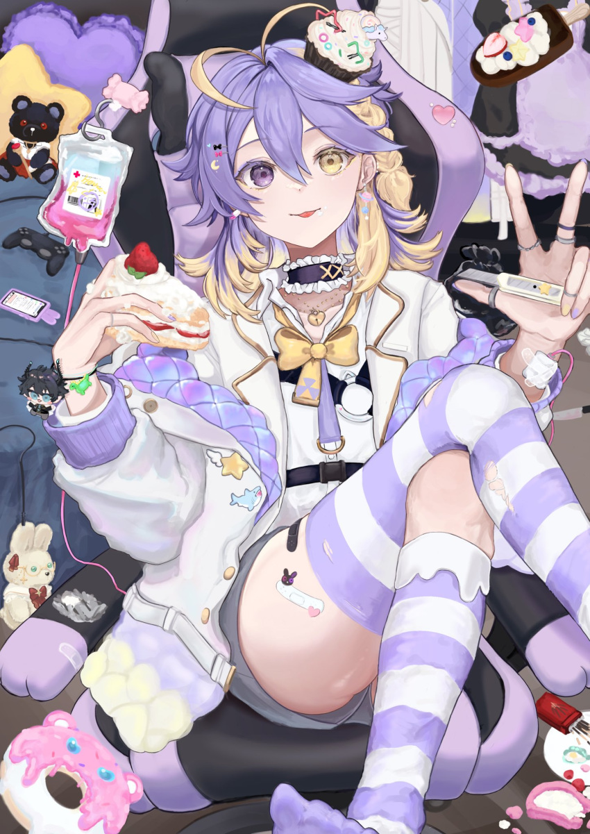 1boy, :p, androgynous, antenna_hair, aster_arcadia, bandaid, bangs, bed