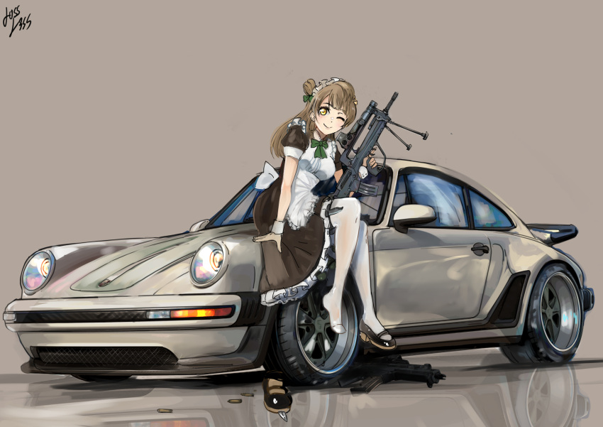 1girl, alternate_costume, apron, assault_rifle, bipod, black_dress, black_footwear, breasts