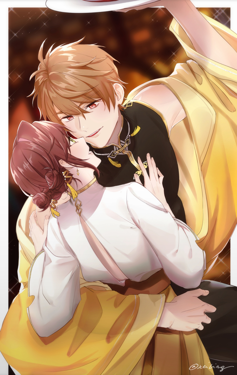 1boy, 1girl, arm_up, armpits, artist_name, bangs, brown_eyes, brown_hair
