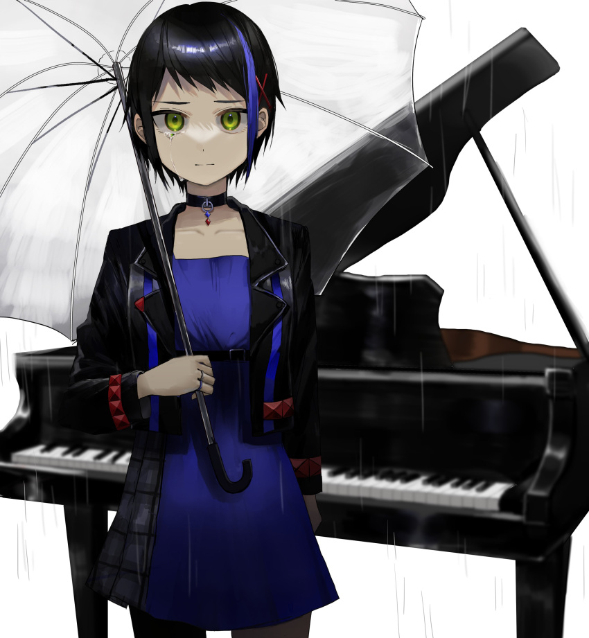 1girl, absurdres, bangs, black_choker, black_hair, black_jacket, blue_hair, choker