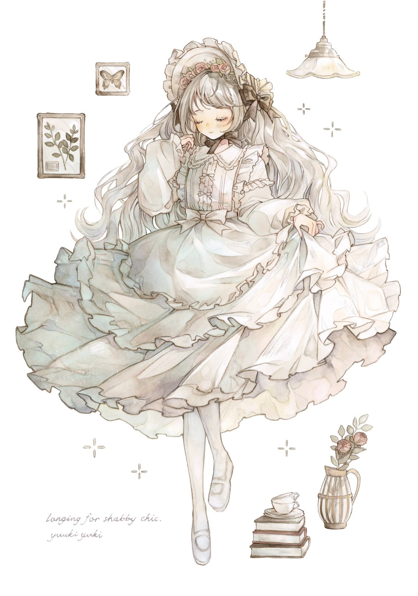1girl, bangs, base, bonnet, book, book_stack, bow, bug