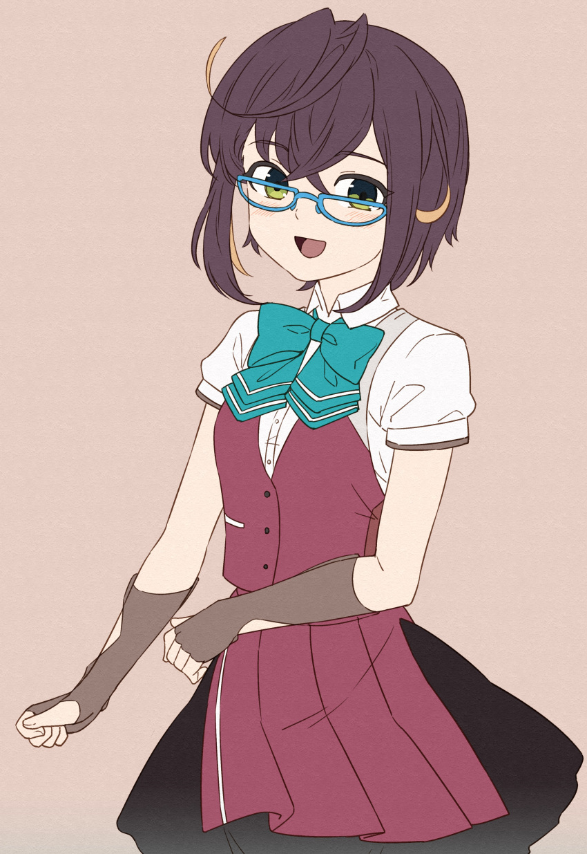 1girl, absurdres, aqua_bow, aqua_bowtie, bangs, black_gloves, black_hair, blue-framed_eyewear