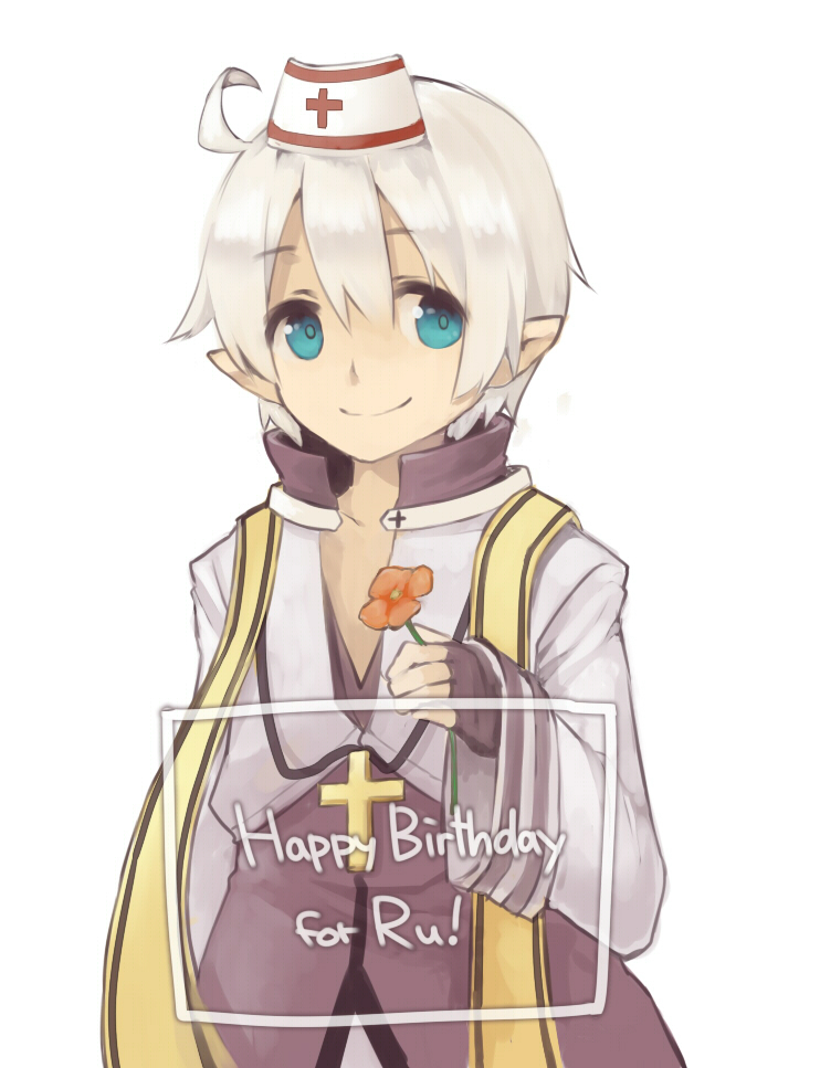 1boy, acheru_maru, arch_bishop_(ragnarok_online), bangs, blue_eyes, brown_coat, brown_gloves, closed_mouth, coat, commentary_request, cowlick, cropped_jacket, cross, cross_necklace, fingerless_gloves, flower, gloves, hat, holding, holding_flower, jacket, jewelry, long_sleeves, looking_at_viewer, male_focus, necklace, nurse_cap, orange_flower, pointy_ears, ragnarok_online, short_hair, simple_background, smile, solo, upper_body, white_background, white_hair, white_jacket