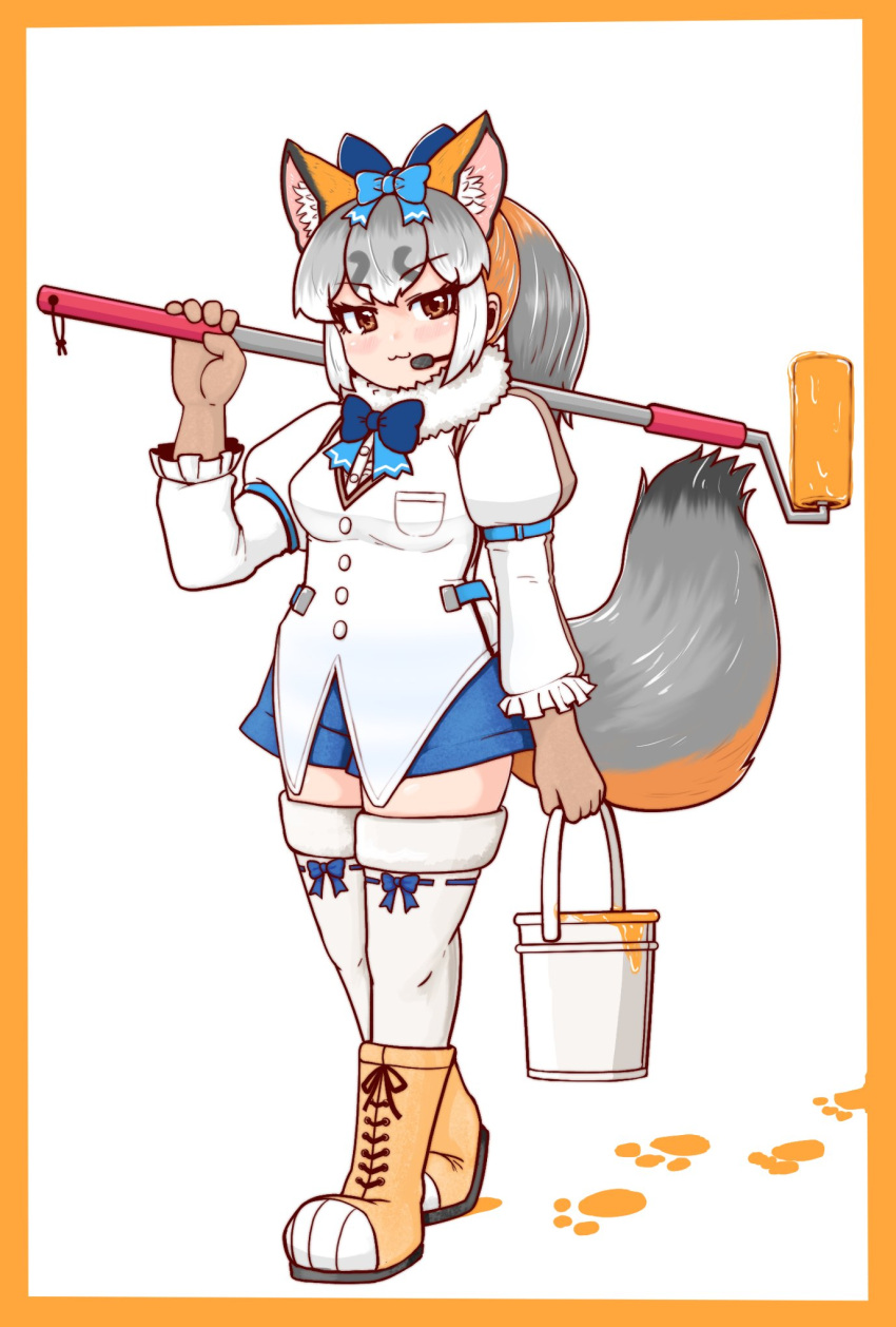 :3, alternate_costume, animal_ears, blue_bow, blue_bowtie, blue_skirt, blush, boots, bow, bowtie, brown_gloves, brown_shirt, commentary_request, cosplay, extra_ears, fox_ears, fox_girl, fox_tail, fur_collar, gloves, grey_hair, hair_bow, highres, island_fox_(kemono_friends), juliet_sleeves, kemono_friends, kemono_friends_v_project, long_sleeves, microphone, mujinamori_tamakichi, multicolored_hair, orange_eyes, orange_footwear, orange_hair, paint, paint_can, paint_roller, ponytail, puffy_sleeves, shirt, siberian_chipmunk_(kemono_friends), siberian_chipmunk_(kemono_friends)_(cosplay), skirt, tail, thigh-highs, two-tone_hair, two-tone_shirt, white_fur, white_shirt, white_thighhighs, zettai_ryouiki