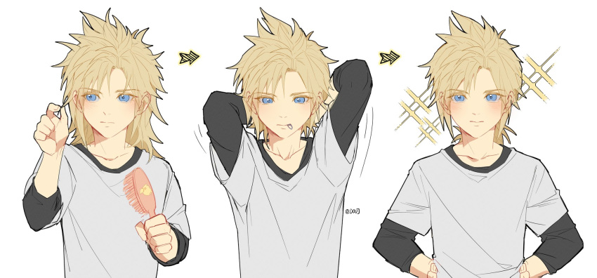 1boy, aged_down, arms_behind_head, arrow_(symbol), bangs, black_shirt, blonde_hair, blue_eyes