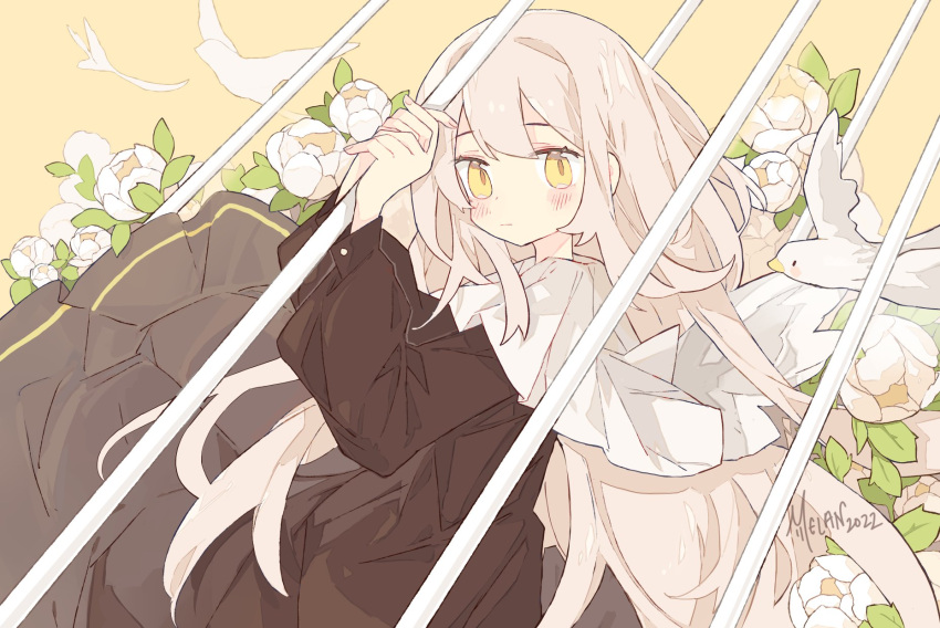 1girl, artist_name, bangs, bird, birdcage, blush, brown_dress, cage