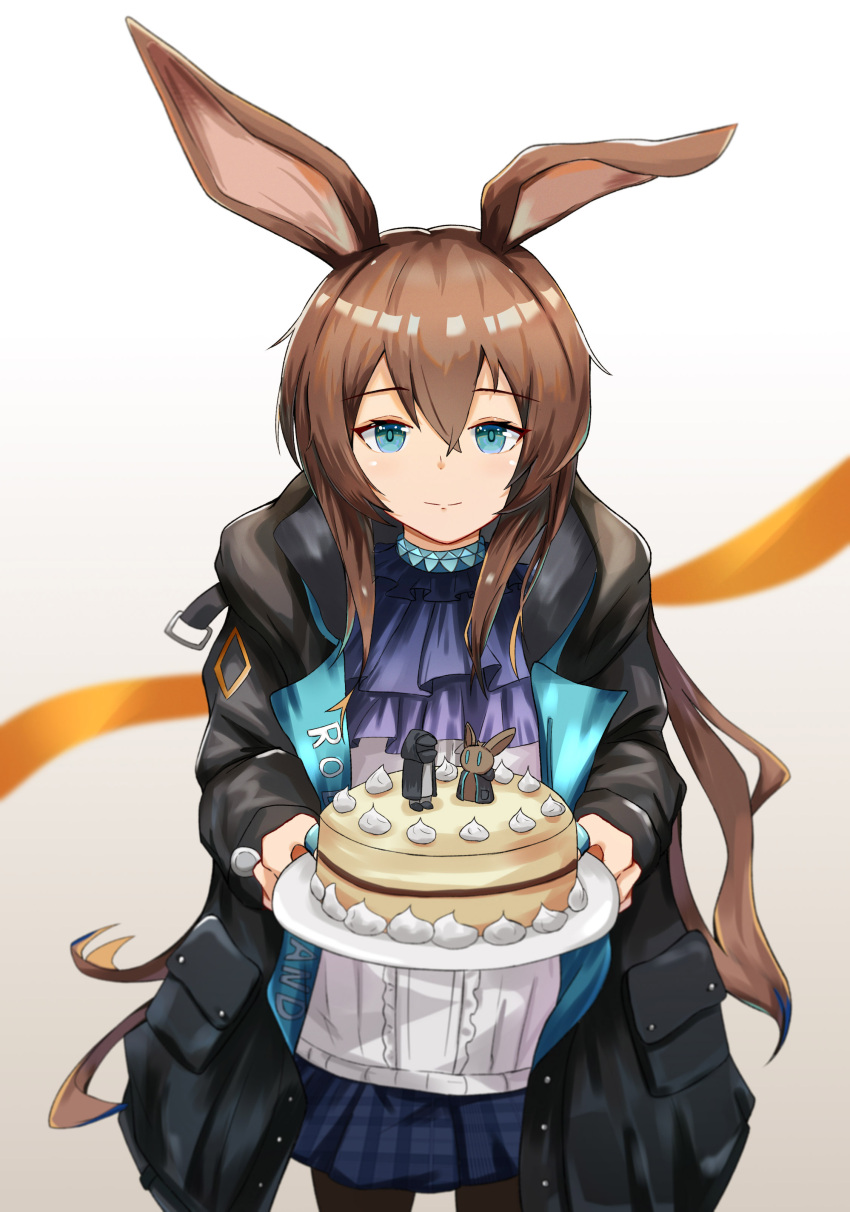 1girl, absurdres, amiya_(arknights), animal_ears, arknights, ascot, bai_shiro@, black_jacket, black_pantyhose, blue_ascot, blue_collar, blue_eyes, blue_skirt, brown_hair, cake, collar, cowboy_shot, doctor_(arknights), food, grey_background, hair_between_eyes, hands_up, highres, holding, holding_cake, holding_food, jacket, jewelry, long_hair, long_sleeves, looking_at_viewer, neck_ring, open_clothes, open_jacket, orange_ribbon, pantyhose, plaid, plaid_skirt, rabbit_ears, rabbit_girl, ribbon, shirt, simple_background, skirt, smile, solo, white_shirt