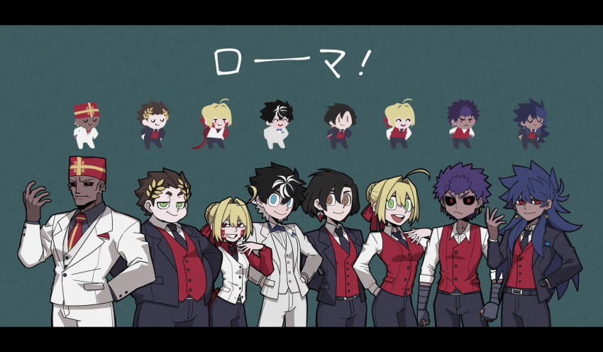 2girls, 6+boys, :/, :d, ahoge, alternate_costume, arm_behind_back, arms_behind_back