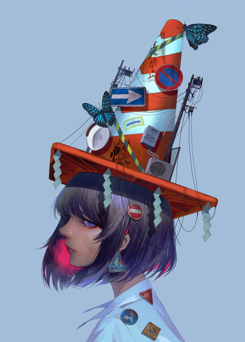 1girl, air_conditioner, bandaid, bandaid_on_cheek, bandaid_on_face, bangs, black_hair, blue_butterfly