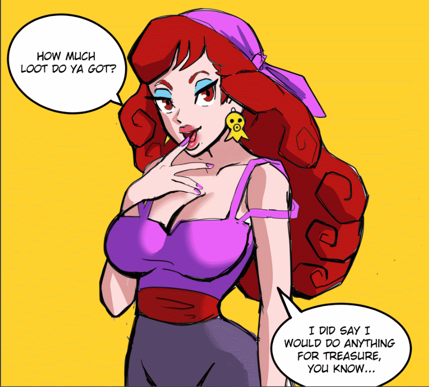 bandana, blue_eyeshadow, brown_eyes, brown_hair, captain_syrup, curly_hair, dialogue_box, earrings