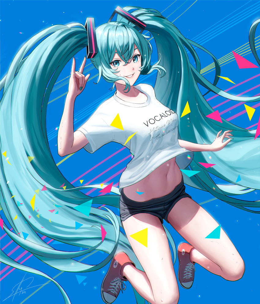 1girl, \m/, absurdly_long_hair, anniversary, aqua_hair, aqua_nails, arm_at_side, bare_legs
