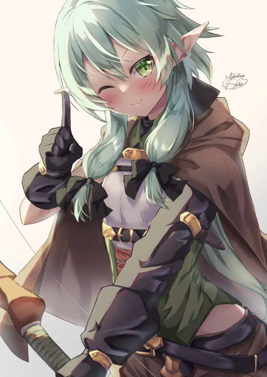 1girl, ;), absurdres, black_gloves, blush, bow_(weapon), brown_cape, cape