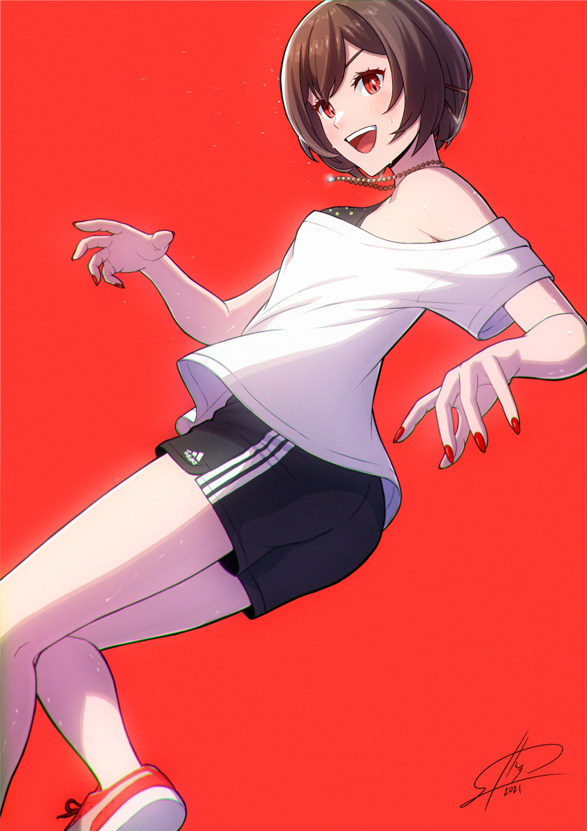 1girl, adidas, arms_at_sides, bangs, bare_legs, bare_shoulders, black_bra, black_shorts, bra, breasts, brown_hair, dolphin_shorts, earrings, fingernails, foot_out_of_frame, glint, highres, jewelry, knees_together_feet_apart, medium_breasts, meiko, necklace, off-shoulder_shirt, off_shoulder, open_mouth, polka_dot, polka_dot_bra, red_background, red_eyes, red_footwear, red_nails, sakuraba_hiro, sharp_fingernails, shirt, shoes, short_hair, short_sleeves, shorts, sideboob, sidelighting, simple_background, smile, sneakers, solo, striped, sweat, swept_bangs, teeth, triangle_earrings, triple_vertical_stripe, underwear, upper_teeth, vertical_stripes, vocaloid, white_shirt