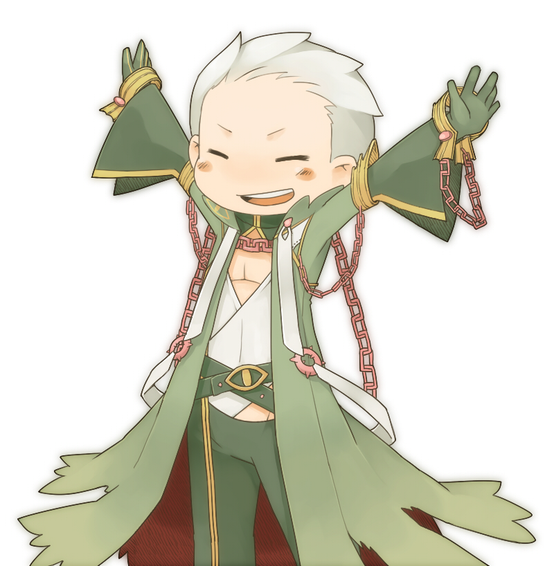1boy, acheru_maru, alternate_color, bangs, chain, coat, commentary_request, feet_out_of_frame, gloves, green_coat, green_gloves, green_shorts, long_sleeves, male_focus, open_mouth, ragnarok_online, round_teeth, shirt, short_hair, shorts, simple_background, smile, solo, teeth, warlock_(ragnarok_online), white_background, white_hair, white_shirt, wide_sleeves