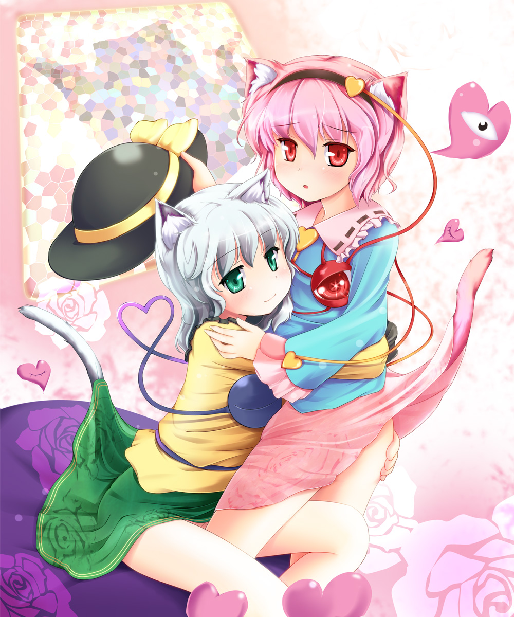2girls, animal_ears, blush, cat_ears, cat_tail, catgirl, eyes, flat_chest, green_eyes, hairband, hat, hat_removed, headwear_removed, heart, heart_of_string, highres, holding, holding_hat, hug, kemonomimi_mode, koishi_komeiji, komeiji_koishi, komeiji_satori, multiple_girls, nekomimi, niiya, no_panties, pink_hair, red_eyes, satori_komeiji, short_hair, siblings, silver_hair, sisters, skirt_lift, smile, tail, touhou