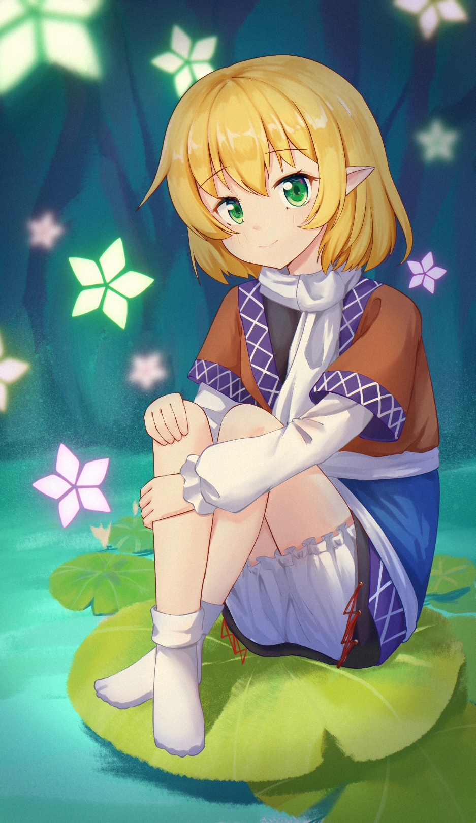 1girl, bangs, black_shirt, black_skirt, blonde_hair, bloomers, blush, breasts, brown_shirt, closed_mouth, commentary_request, full_body, god_mang, green_eyes, highres, hugging_own_legs, layered_sleeves, lily_pad, long_sleeves, looking_at_viewer, mizuhashi_parsee, no_shoes, pointy_ears, scarf, shirt, short_hair, short_over_long_sleeves, short_sleeves, sitting, skirt, small_breasts, smile, socks, solo, touhou, undershirt, underwear, white_bloomers, white_scarf