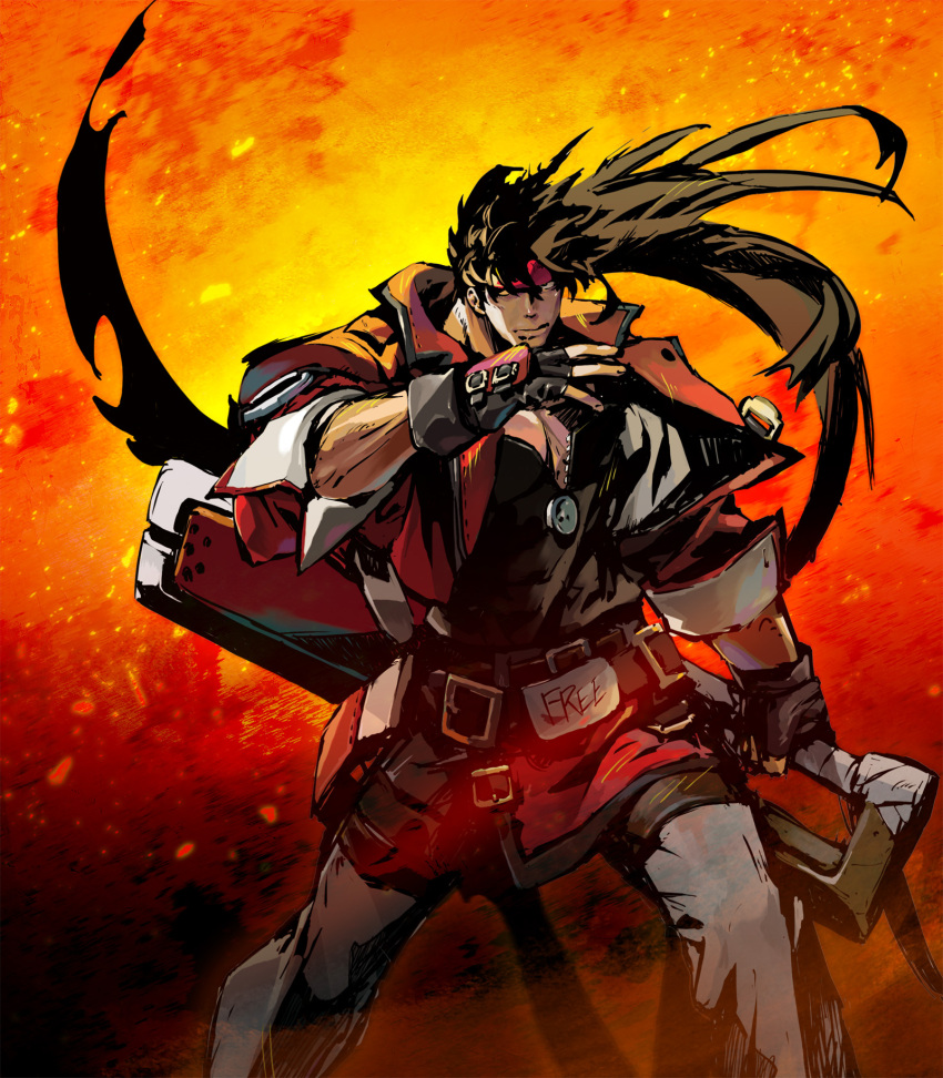 1boy, abstract_background, arm_up, belt, brown_eyes, brown_gloves, brown_hair, clenched_hand