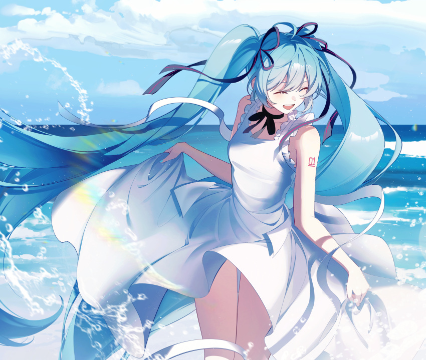 1girl, absurdres, bare_arms, black_choker, black_ribbon, blue_hair, blue_nails, blue_sky