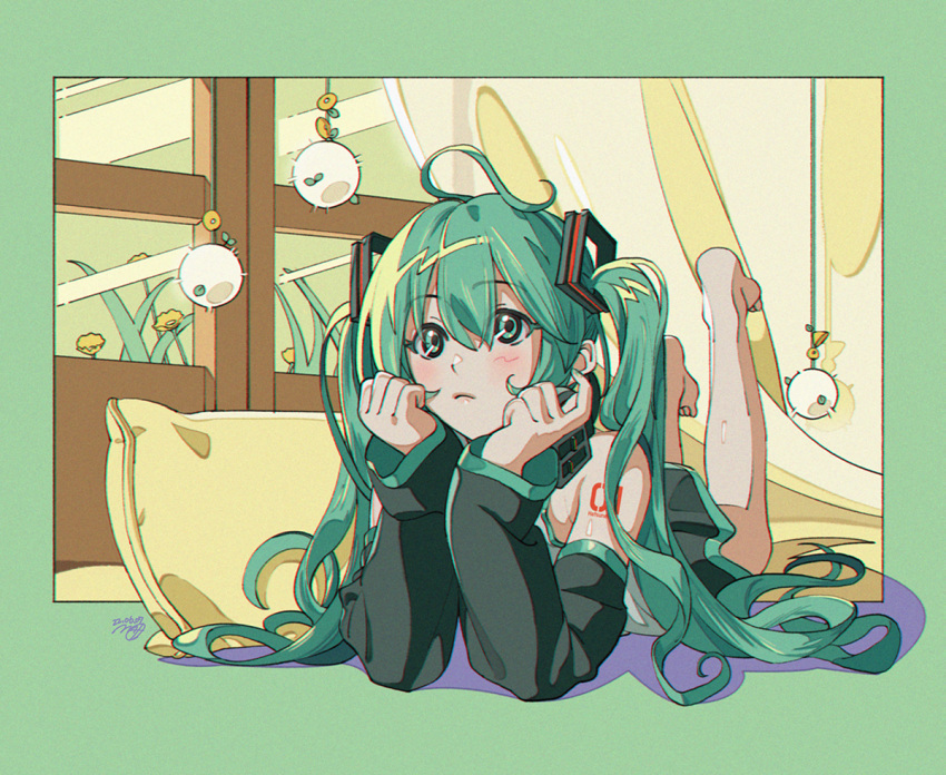 1girl, armpit_crease, bare_legs, bare_shoulders, barefoot, black_skirt, black_sleeves, border, clenched_hands, closed_mouth, colored_eyelashes, curtains, detached_sleeves, elbow_rest, expressionless, eyelashes, feet_up, fingernails, flower, full_body, grass, green_border, green_eyes, green_hair, green_nails, green_theme, hair_between_eyes, hair_over_shoulder, hatsune_miku, head_rest, headset, headset_removed, holding, holding_headgear, indoors, light_blush, limited_palette, long_hair, looking_afar, lying, messy_hair, momonosa_oekaki, on_floor, on_stomach, outside_border, pillow, pom_pom_(clothes), shadow, shiny, shiny_hair, shirt, shoulder_tattoo, skirt, sleeveless, sleeveless_shirt, solo, tareme, tattoo, twintails, very_long_hair, vocaloid, wavy_hair, white_shirt, wide-eyed, window, yellow_flower, yellow_theme