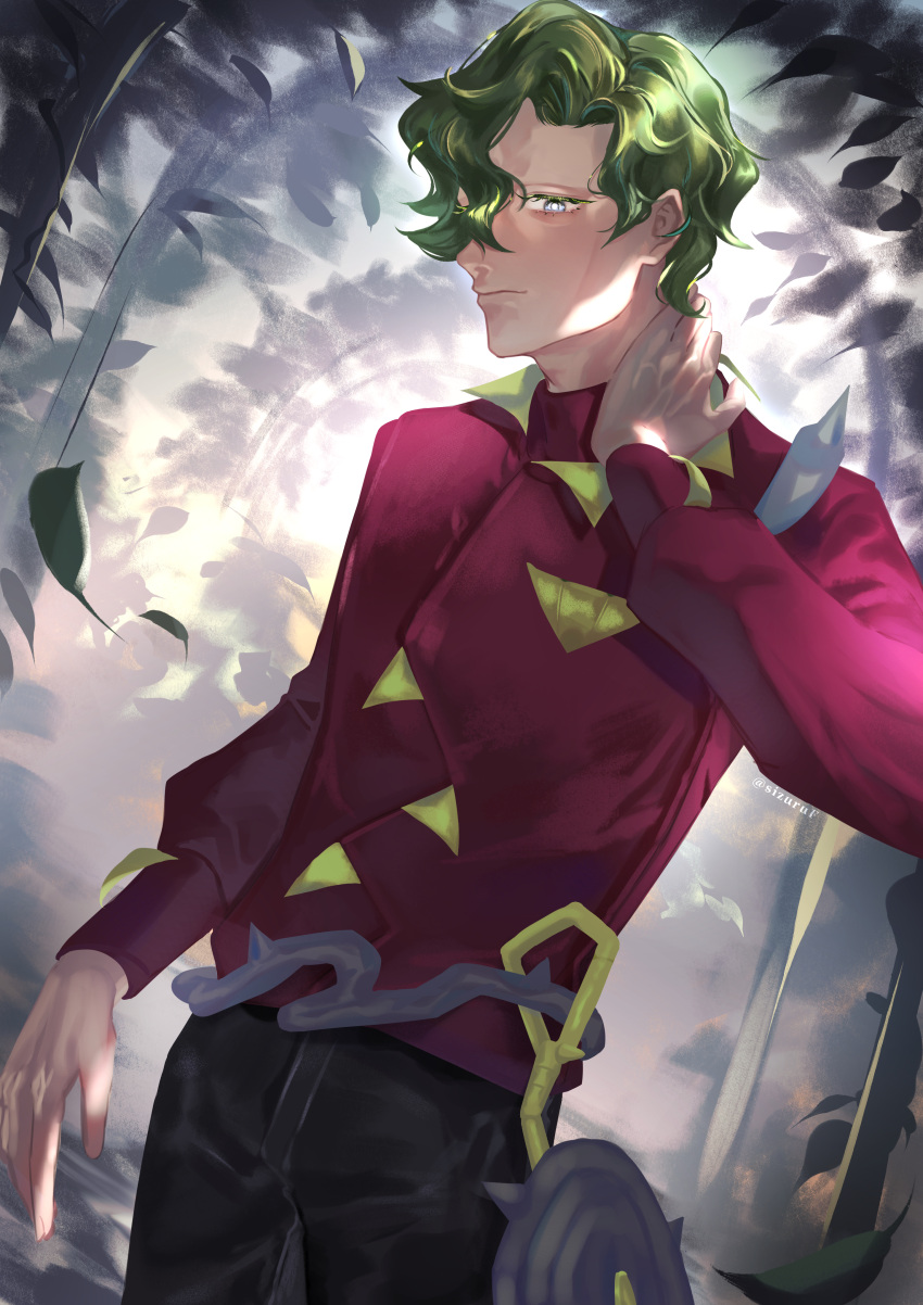 1boy, absurdres, arch, bangs, black_pants, brassius_(pokemon), bright_pupils, closed_mouth