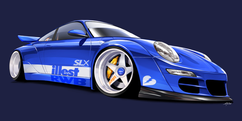 absurdres, blue_background, car, commentary, ground_vehicle, headlight, highres, illest_(brand), motor_vehicle, no_humans, original, porsche, porsche_911, signature, silenxe, solo, spoiler_(automobile), sports_car, vehicle_focus, wheel
