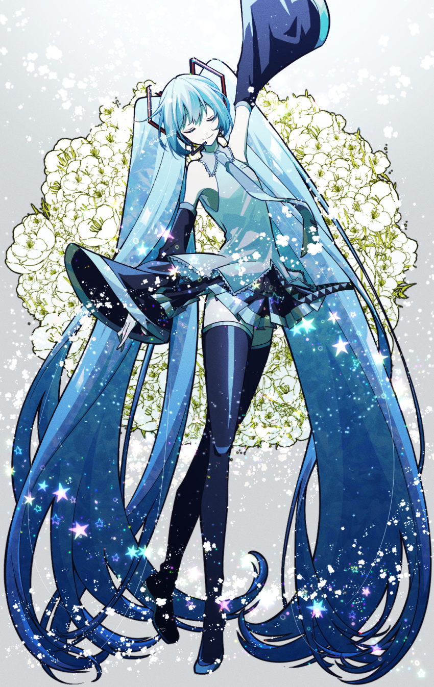 1girl, arm_at_side, arm_up, armpits, belt, black_footwear, black_outline, black_skirt, black_sleeves, blue_hair, boots, breasts, closed_eyes, closed_mouth, collared_shirt, colorful, contrapposto, dancing, detached_sleeves, dot_nose, floral_background, flower, flower_request, full_body, glowing, grey_background, grey_shirt, hair_between_eyes, hatsune_miku, headset, highres, kotoko0, light_particles, long_hair, long_legs, loose_belt, necktie, outline, pleated_skirt, shirt, simple_background, skirt, sleeveless, sleeveless_shirt, small_breasts, smile, solo, sparkle, standing, standing_on_one_leg, star_(symbol), thigh_boots, tie_clip, twintails, very_long_hair, vocaloid, white_flower, wide_sleeves, zettai_ryouiki