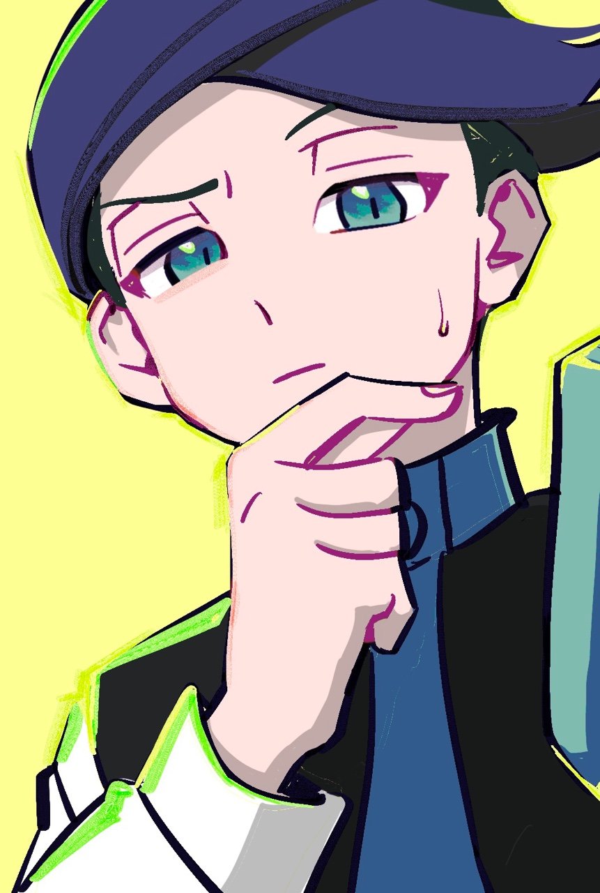 1boy, black_hair, closed_mouth, commentary_request, green_eyes, green_hair, half-closed_eyes, hand_up, highres, ivib, korean_commentary, long_sleeves, looking_at_viewer, male_focus, multicolored_hair, necktie, pokemon, pokemon_(game), pokemon_dppt, pokemon_platinum, shirt, solo, sweatdrop, thorton_(pokemon), two-tone_hair, yellow_background