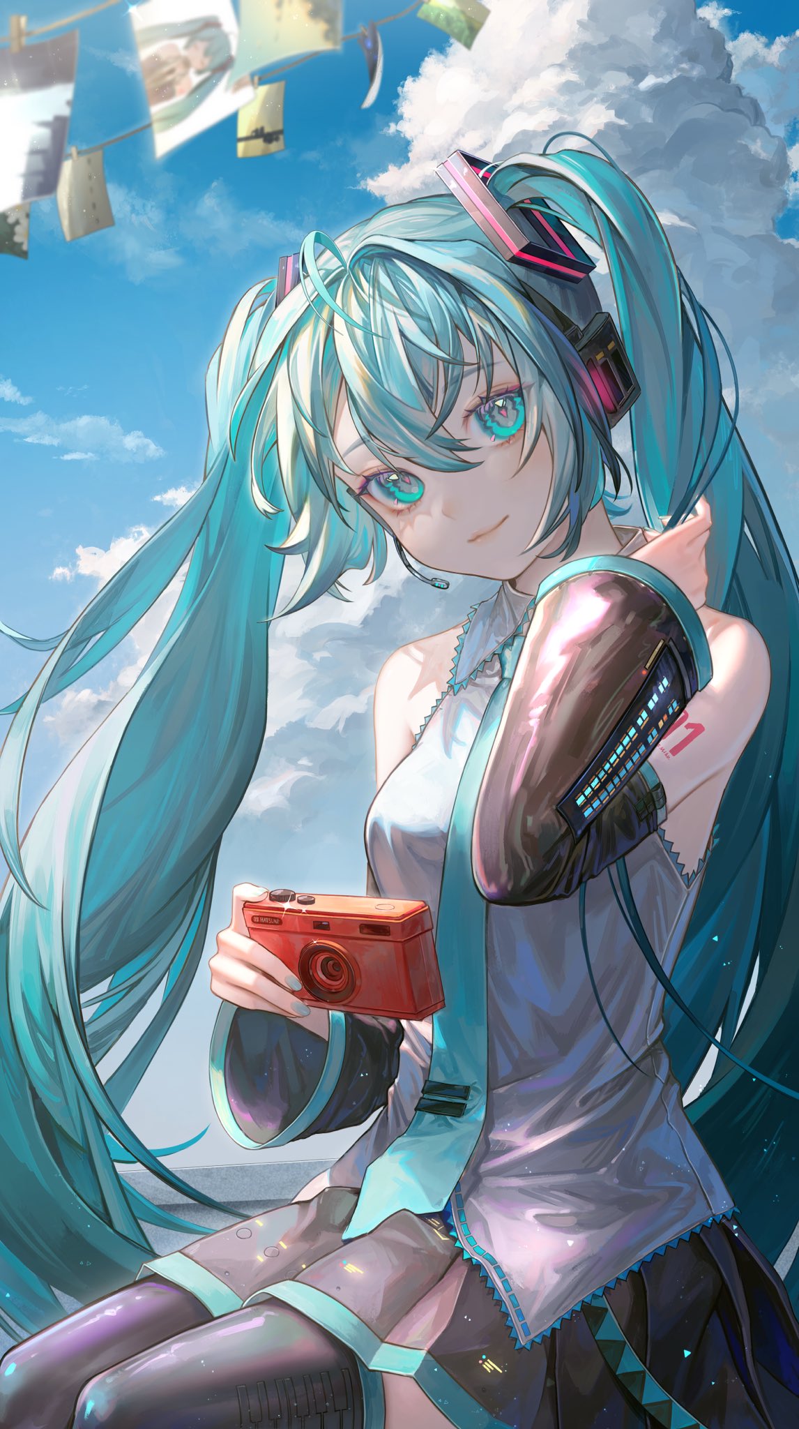1girl, 39_(vocaloid), adjusting_hair, aqua_eyes, bare_shoulders, belt, black_footwear, black_skirt
