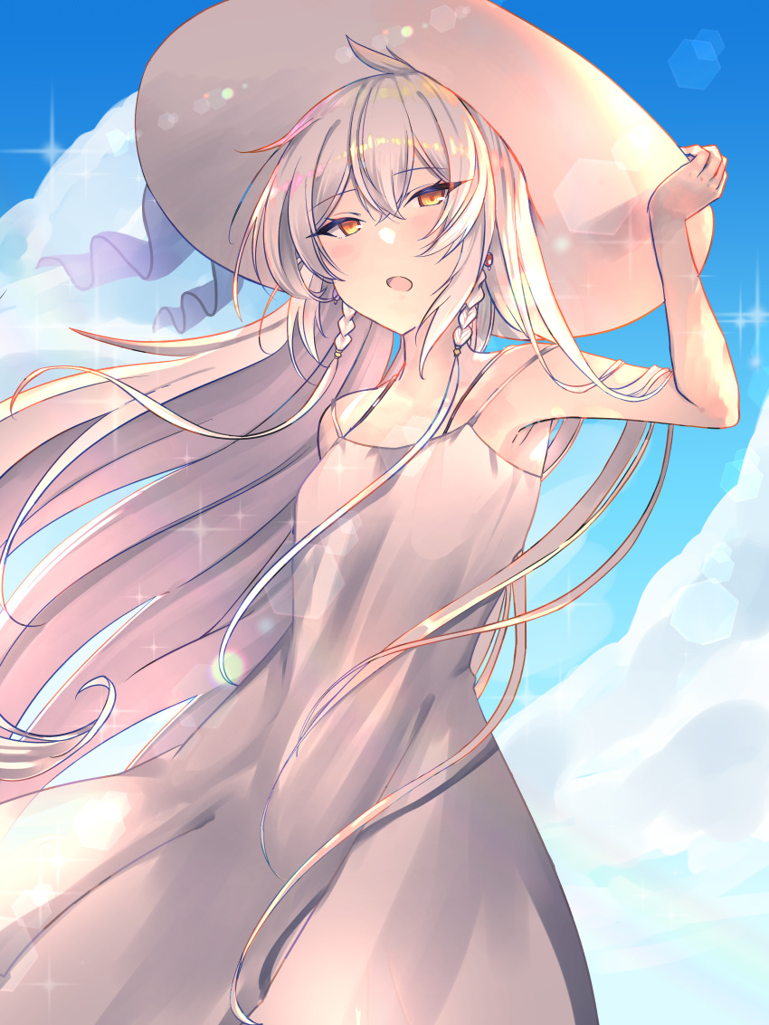 1girl, absurdres, braid, dress, hat, highres, hilda_(stella_glow), long_hair, open_mouth, sky, solo, standing, stella_glow, sundress, white_dress, white_hair, yellow_eyes, zyoto24