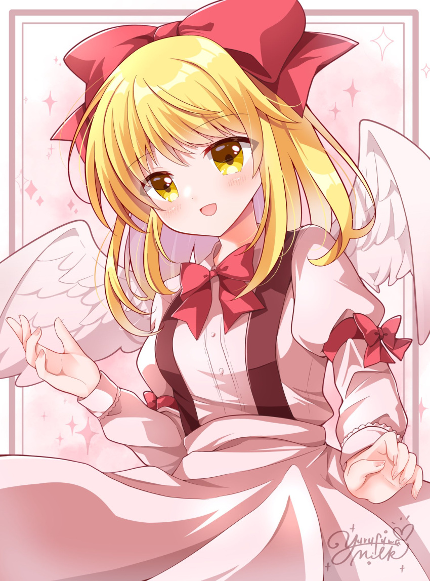 1girl, angel_wings, bow, bowtie, buttons, commentary_request, cowboy_shot, feathered_wings