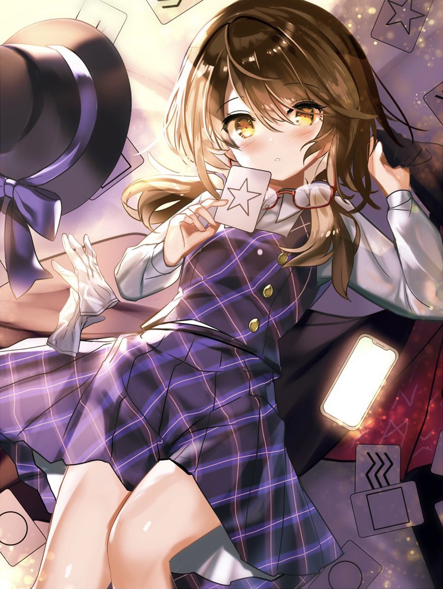 1girl, black_headwear, bolo_tie, bow, brown_hair, buttons, cape, eyewear_removed