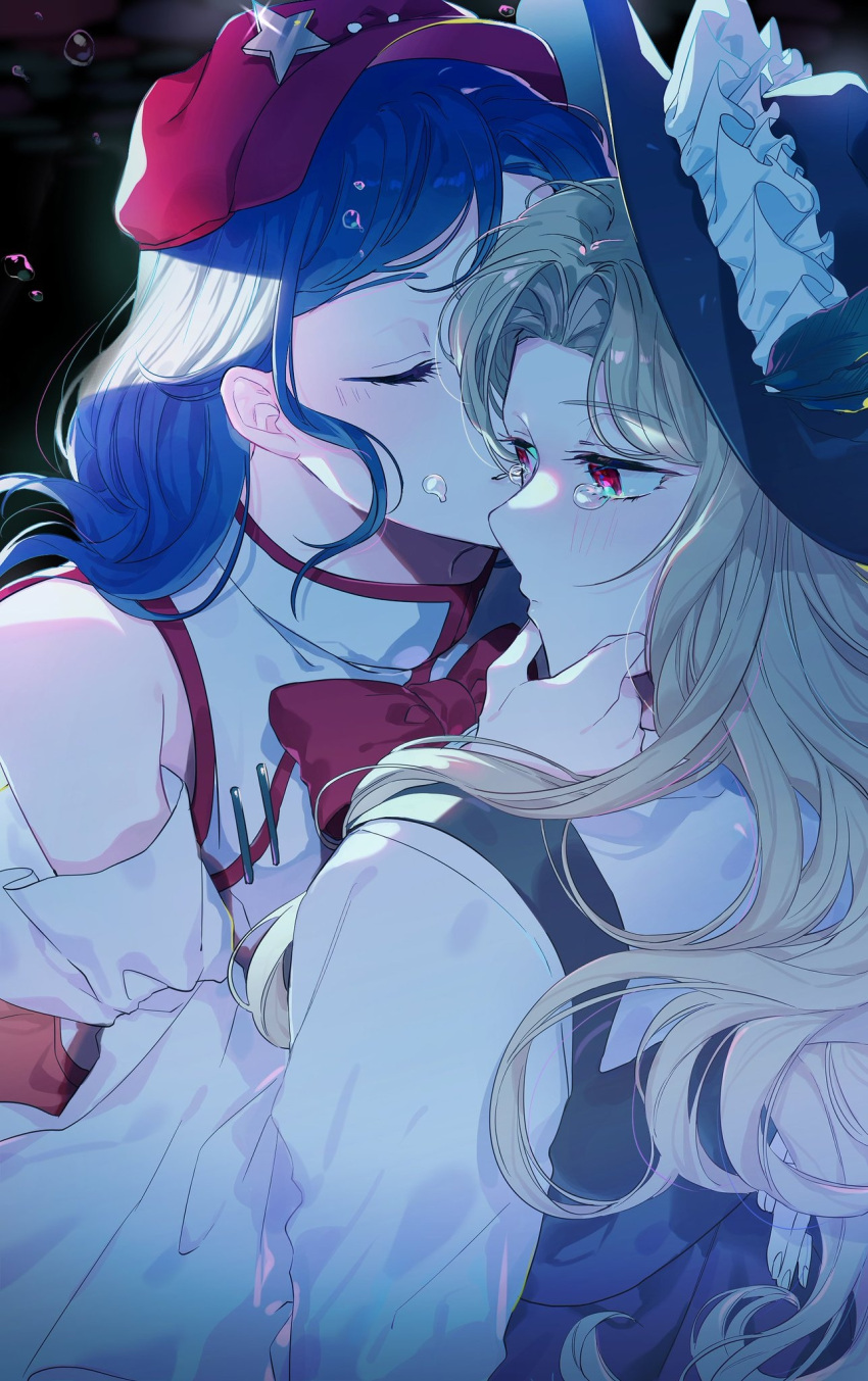 2girls, black_headwear, black_vest, blonde_hair, blue_hair, bow, bowtie, cabbie_hat