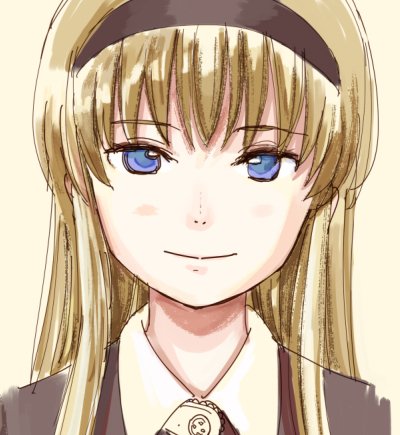 1girl, aida_yuu, bangs, bittersweet_fools, black_headband, black_headwear, blonde_hair, blue_eyes