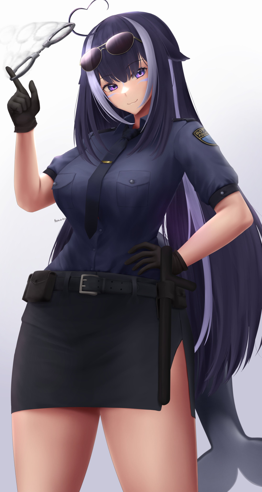 1girl, :3, absurdres, ahoge, animal_ears, baton_(weapon), belt, black-framed_eyewear