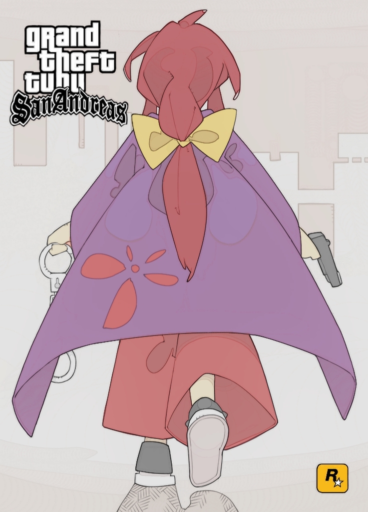 1girl, bolos, bow, copyright_name, cuffs, from_behind, grand_theft_auto, grand_theft_auto:_san_andreas