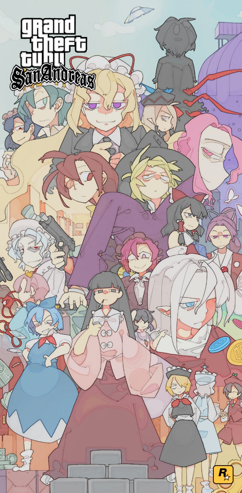 6+girls, asymmetrical_wings, blonde_hair, blue_eyes, blue_hair, bolos, bow, brass_knuckles