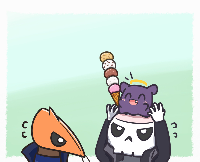 3others, absurdres, bandana, black_jacket, blue_jacket, chibi, commentary, deadbeat_(calliope_mori)