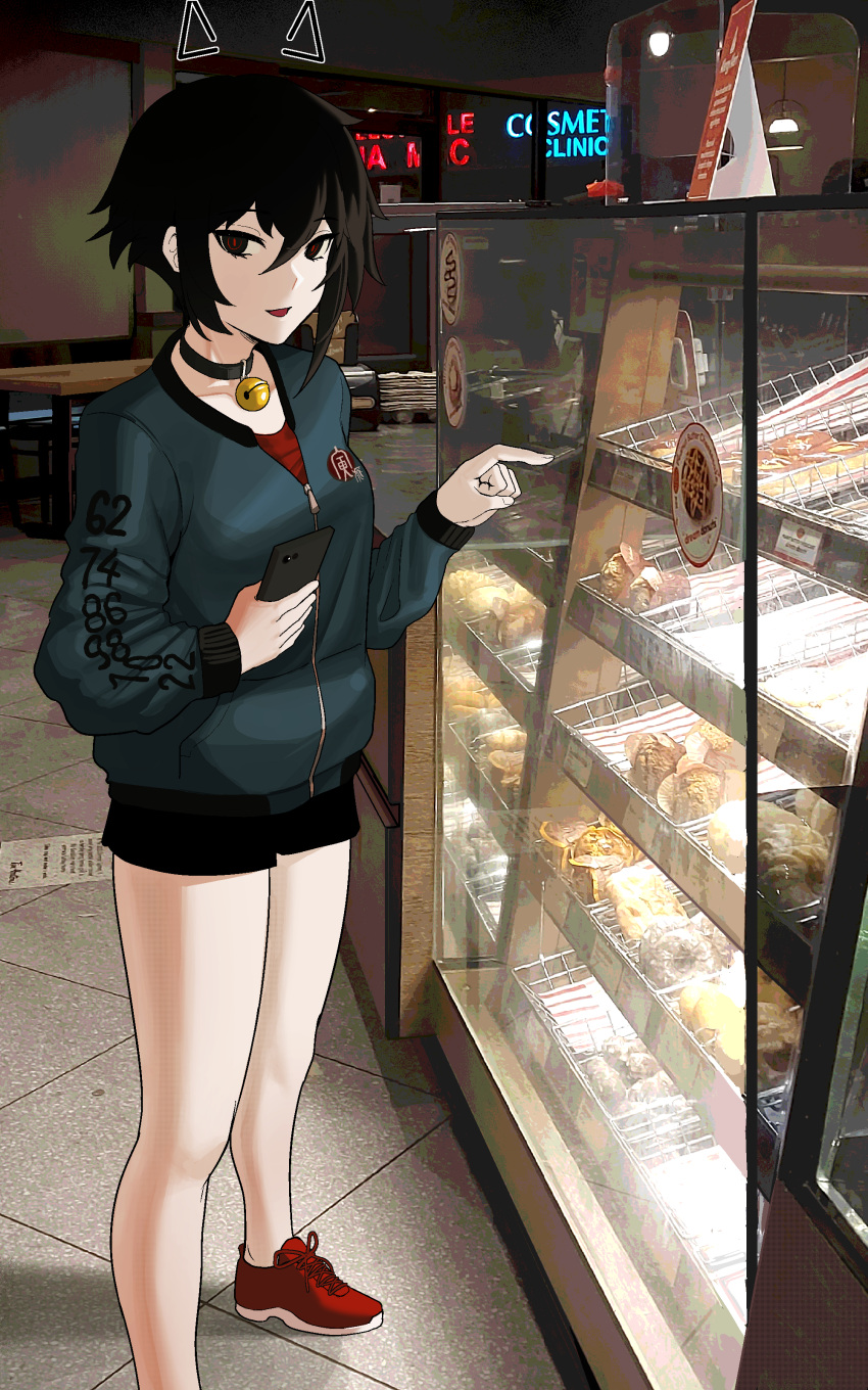 1girl, 4hnyu, absurdres, bell, black_hair, black_shorts, doughnut, food