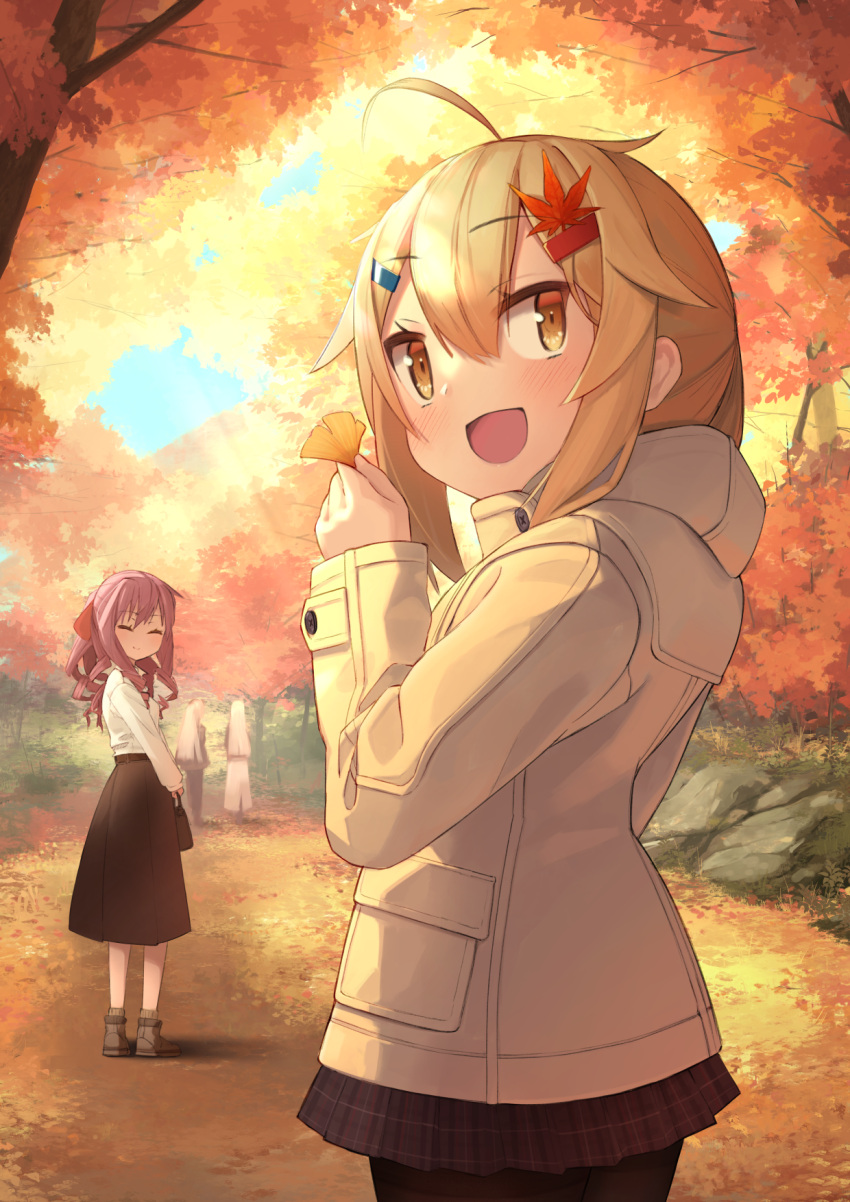 4girls, :d, ahoge, autumn, autumn_leaves, azur_lane, bag, bangs