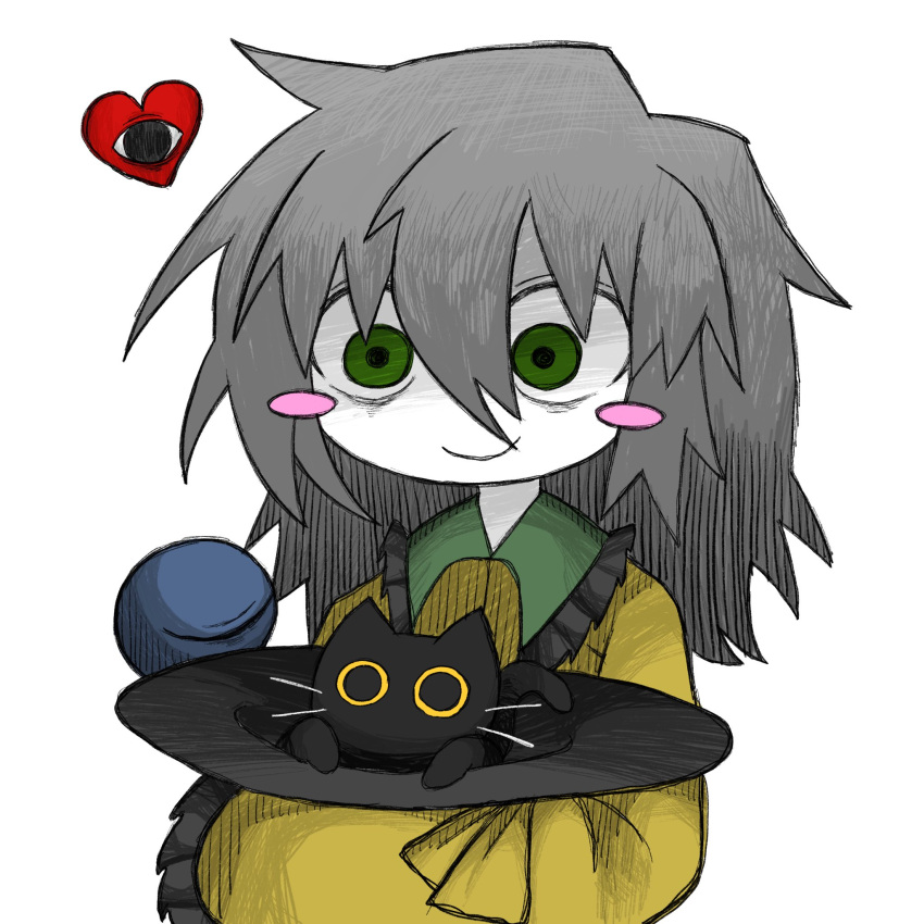 bags_under_eyes, black_cat, black_fur, black_headwear, blush, cat, green_eyes, grey_hair