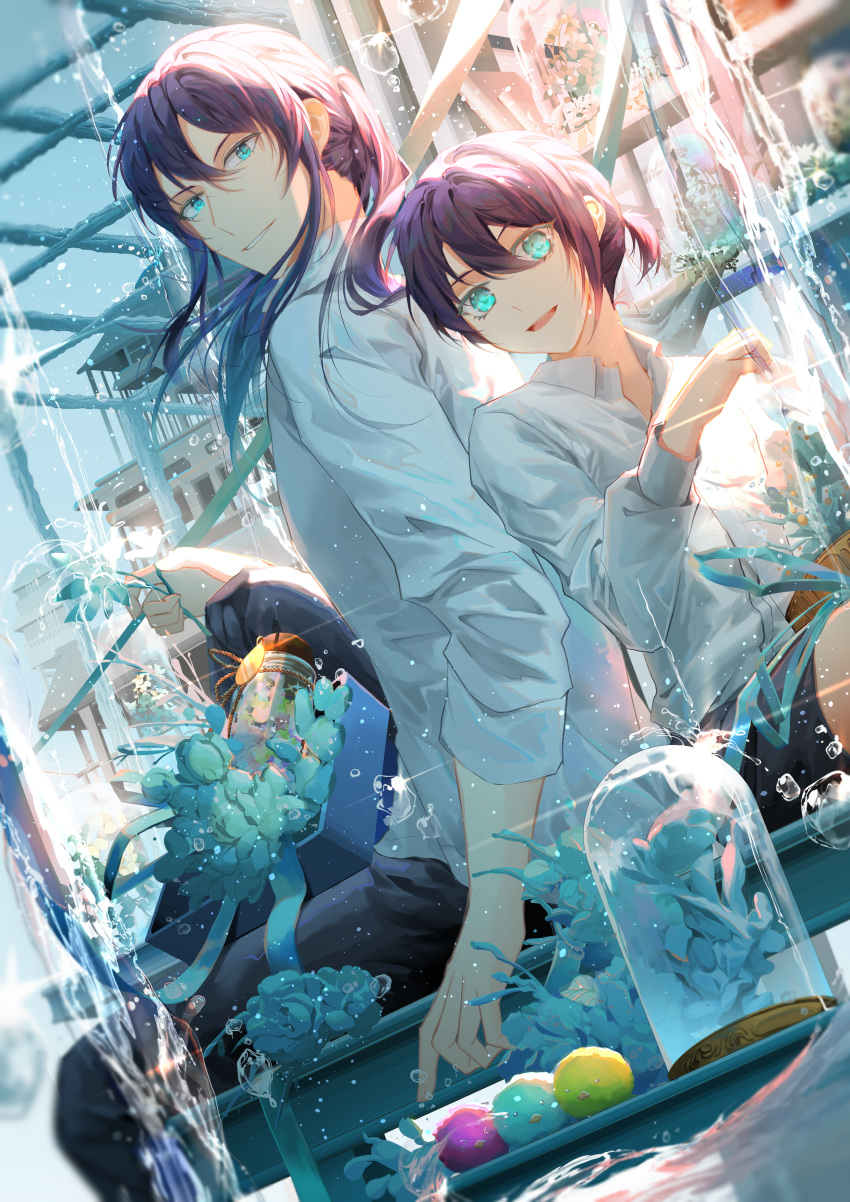 2boys, absurdres, aqua_eyes, back-to-back, black_pants, black_shorts, blue_flower, flower, highres, idolish_7, long_sleeves, male_child, male_focus, multiple_boys, oogami_banri, pants, ponytail, purple_hair, reku_(pixiv3677982), shirt, short_ponytail, shorts, sitting, white_shirt