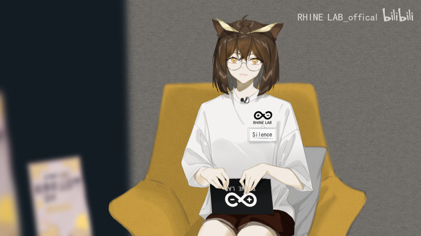 1girl, arknights, armchair, bilibili_logo, black_shorts, brown_hair, chair, character_name