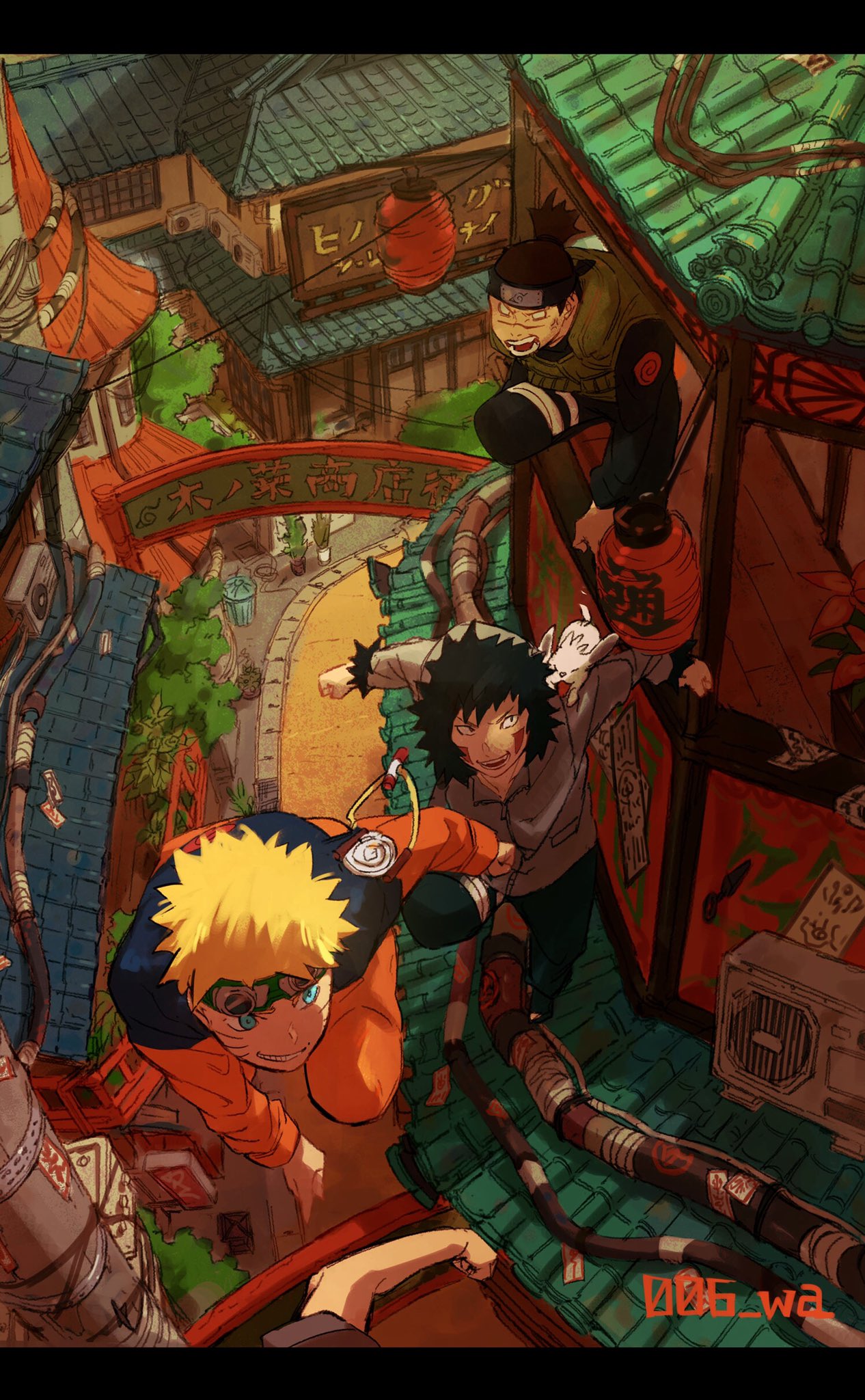 006_wa, 3boys, animal_on_shoulder, blonde_hair, blue_eyes, child, commentary_request, day, dog, facial_mark, forehead_protector, from_above, highres, inuzuka_kiba, male_child, male_focus, multiple_boys, naruto, naruto_(series), ninja, outdoors, short_hair, smile, spiky_hair, umino_iruka, uzumaki_naruto, whisker_markings