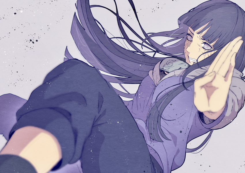 1girl, bangs, black_hair, black_pants, blunt_bangs, blurry, blurry_foreground, clenched_teeth