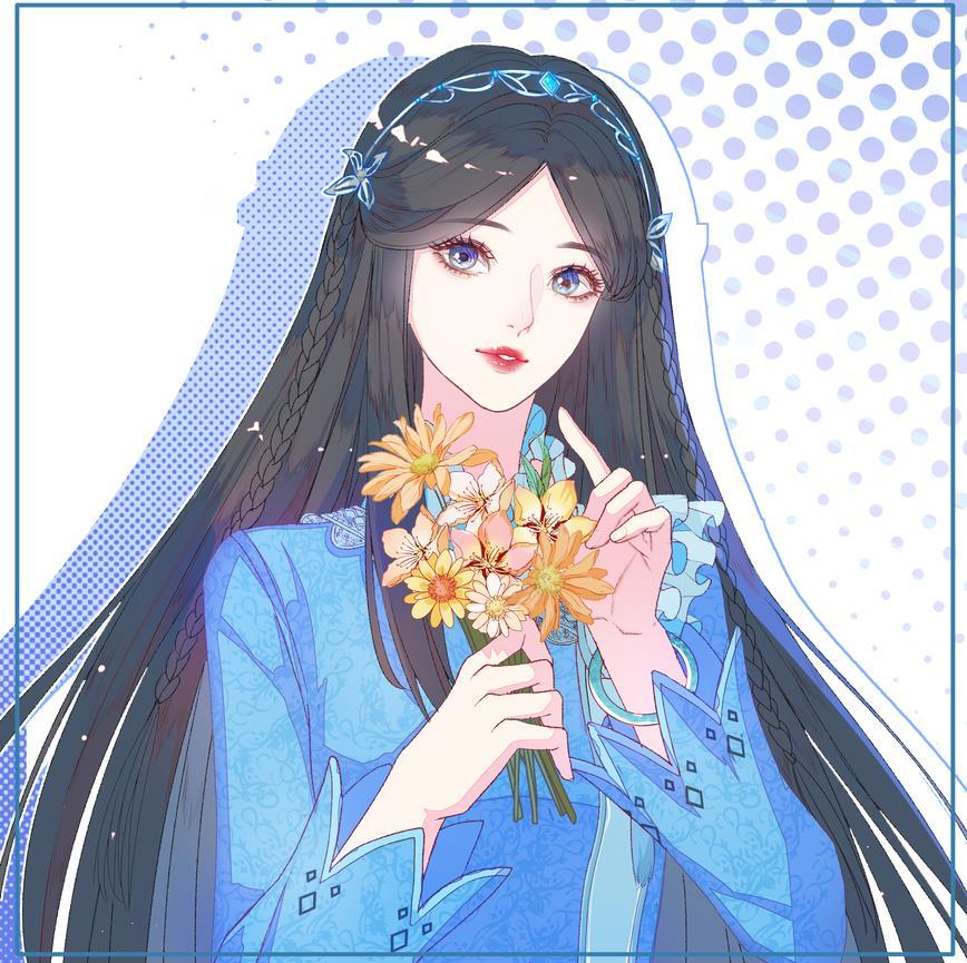 1girl, blue_dress, blue_eyes, braid, brown_hair, douluo_dalu, dress, flower, holding, holding_flower, long_hair, long_sleeves, looking_at_viewer, ning_rongrong_(douluo_dalu), parted_lips, solo, teeth, tiara, upper_body, white_background, yellow_flower, yi_jian