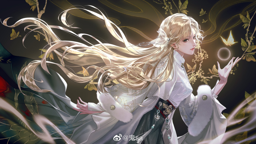 1girl, absurdres, black_skirt, blonde_hair, bug, butterfly, character_request, closed_mouth, dress, from_side, fur-trimmed_sleeves, fur_trim, glowing_butterfly, gui_sa, hair_ornament, hand_up, highres, jacket, long_hair, long_sleeves, skirt, solo, upper_body, white_dress, white_jacket, yi_meng_jianghu