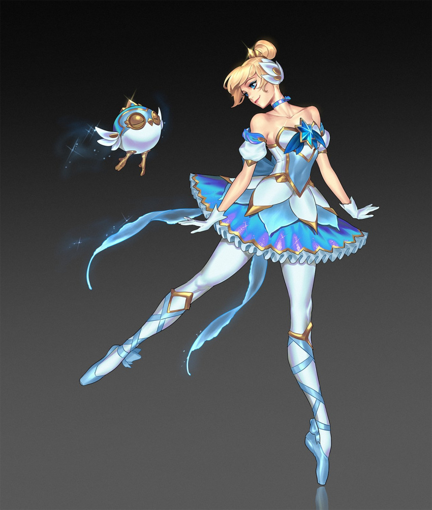 alternate_costume, ballet_dress, ballet_slippers, bare_shoulders, blonde_hair, blue_eyes, choker, detached_sleeves