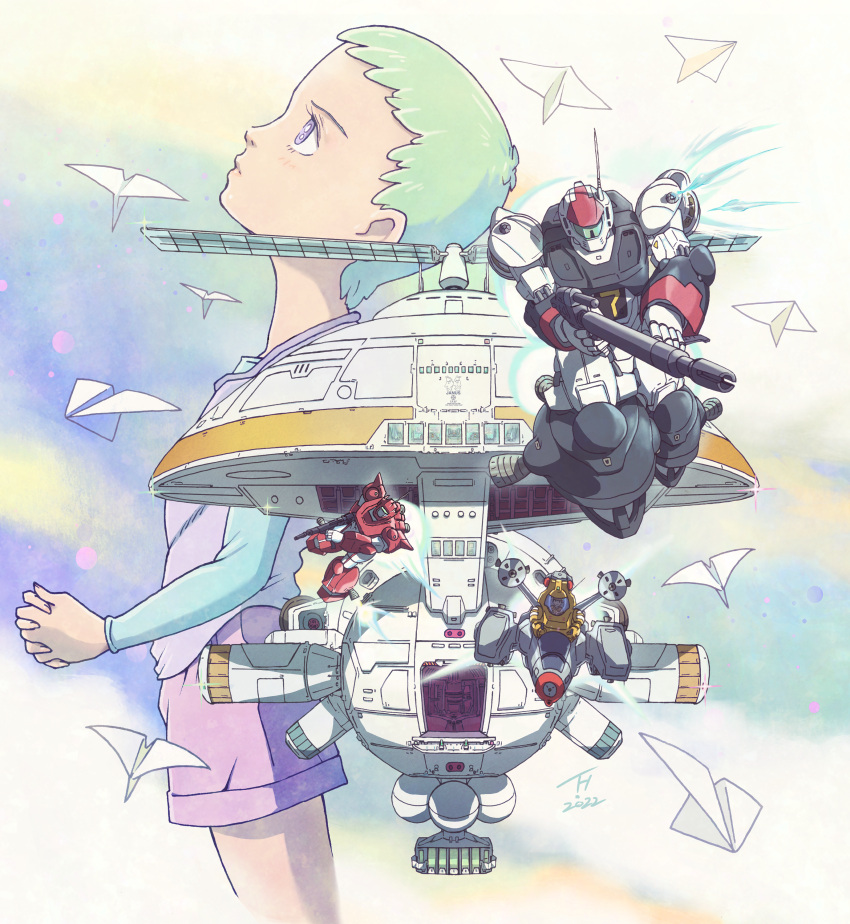 1980s_(style), 1girl, 2022, absurdres, aqua_hair, ashida_toyoo_(style), astronaut, beam_rifle