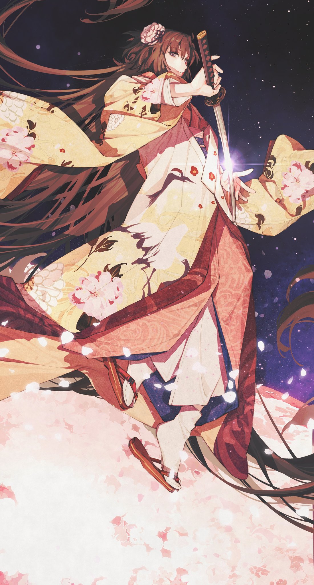 1girl, brown_hair, fate/grand_order, fate_(series), field, floral_print, flower, flower_field, hair_flower, hair_ornament, highres, holding, holding_sword, holding_weapon, japanese_clothes, kara_no_kyoukai, katana, kimono, long_hair, night, night_sky, petals, qiuyun62303677, ryougi_shiki, ryougi_shiki_(third_ascension), sky, smile, sword, very_long_hair, weapon, wide_sleeves
