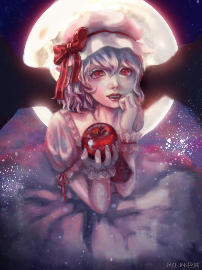 1girl, apple, bat_wings, collarbone, fangs, food, fruit, full_body, grey_hair, hand_on_own_cheek, hand_on_own_face, hat, hat_removed, headwear_removed, highres, holding, holding_food, holding_fruit, lips, looking_at_viewer, mikumo_maru, mob_cap, open_mouth, puffy_short_sleeves, puffy_sleeves, realistic, red_apple, red_eyes, red_lips, red_ribbon, remilia_scarlet, ribbon, short_hair, short_sleeves, sleeve_ribbon, solo, teeth, touhou, upper_teeth, white_headwear, wings, wrist_cuffs